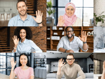 Colleagues greeting each other during online morning meeting. Video call screen with group of diverse office employees waving hello, nine people have video conference, involved in educational webinar