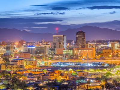 Tucson, Arizona, USA downtown skyline from Sentinel Peak at dawn.