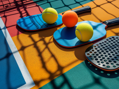 Pickleball paddles balls colorful court