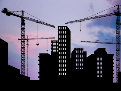 Black silhouette of construction with crane and cloudy sky for preparation of welcome 2024. Developer. New year and change new business. Vector illustration. Isolated on background.