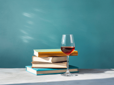 stack-of-book-with-wine-glass-blue-background