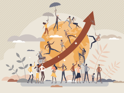 Overpopulation and human crowd density growth on earth tiny person concept. People count development and volume rising as demography statistics measurement vector illustration. Earth population scene.