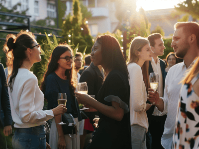 people gathering outside together with glasses of wine