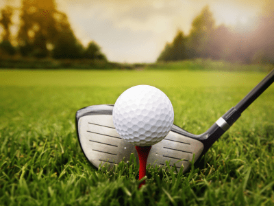 Golf club and ball in grass
