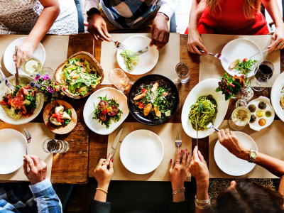 Aerial view of a table full of food