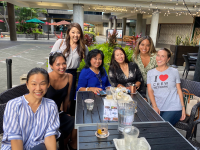 Women at outdoor seating area