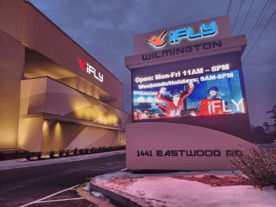 signage for iFly in Wilmington a skydiving experience built by CREW