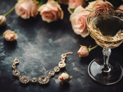 Ornate bracelet with champagne and roses.