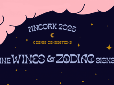 Text on drawn image of night sky with pink clouds and orange stars says "MNCORK 2025- Cosmic Connections- Fine Wines and Zodiac Signs