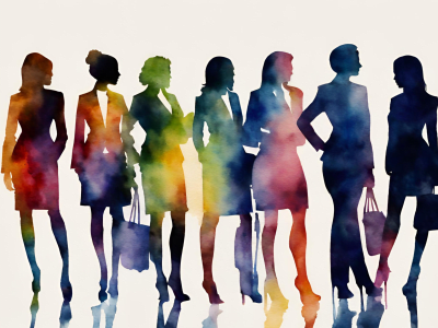 Silhouettes of seven business women in suits with colorful hues.