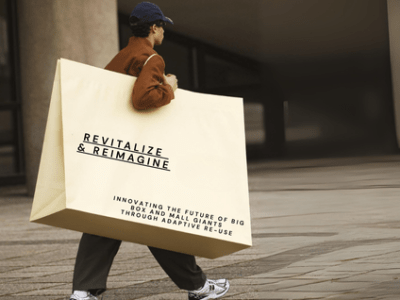 Man with large shopping bag that reads Revitalize and Reimagine, Innovating the Future of Bix Box and Mall Giants through adaptive re-use