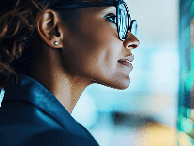 Green stock market chart with businessman in industry concept. Professional woman analyzing financial market trends on a screen.