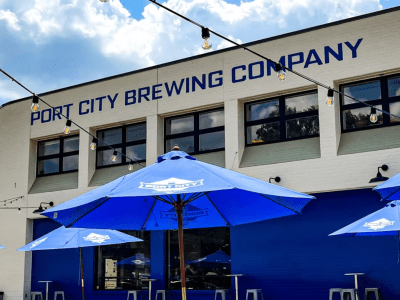 port city brewing building blue
