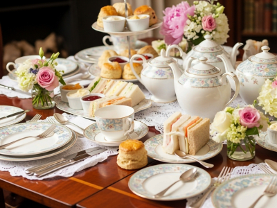 Table set for afternoon tea with ornate blue floral china with sandwiches, biscuits, and small rose bouquets.