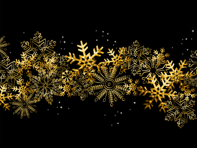 gold shiny snowflakes against a black background