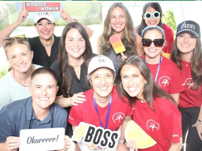 Women posing with props