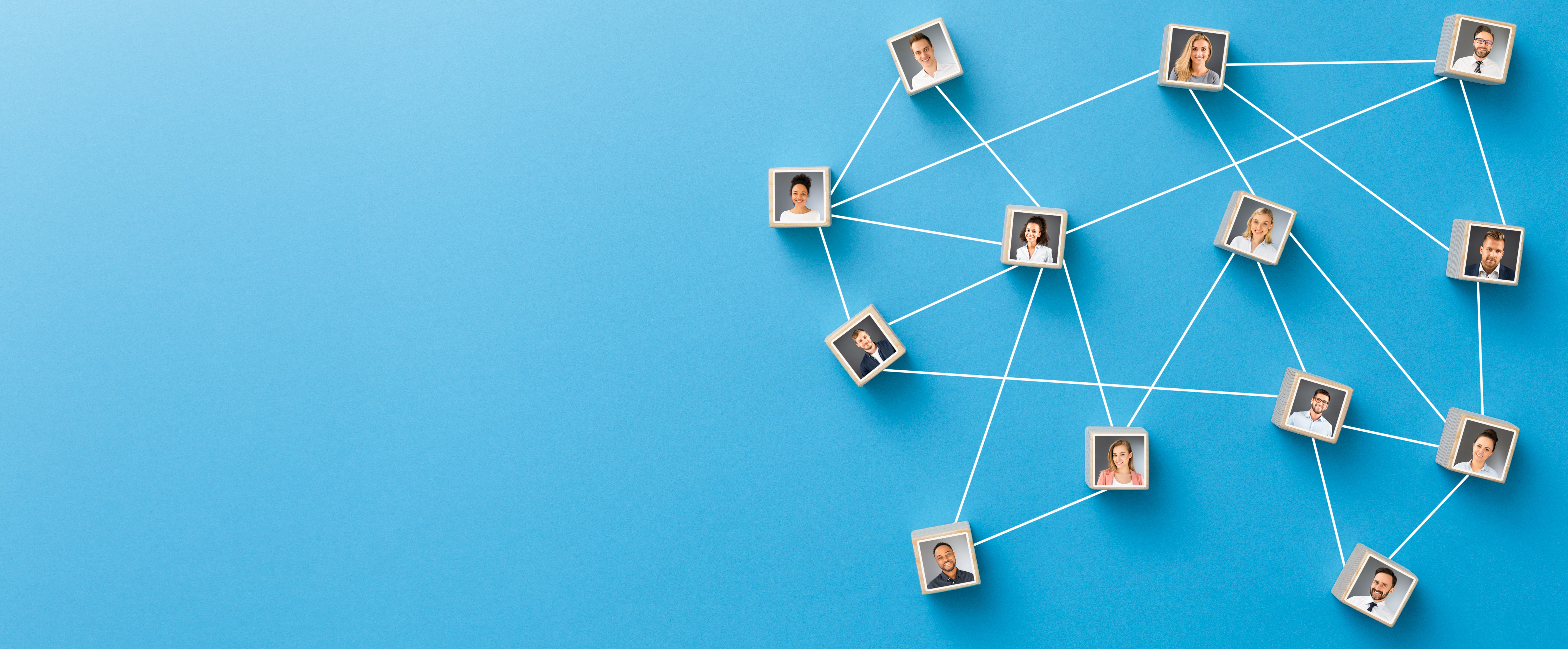 portrait image blocks linked with white lines on blue background networking concept