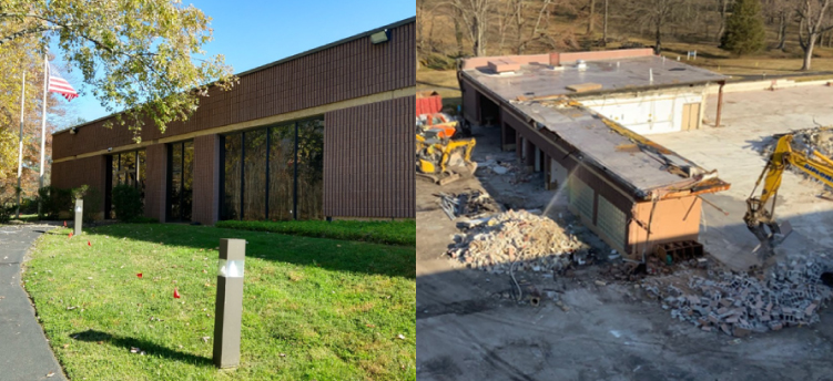 office building before and after photos with one complete and one at demolition stage