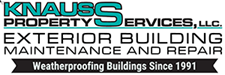 Knauss Property Services Company Logo with text reading "Exterior Building Maintenance and Repair Weatherproofing Buildings since 1991"