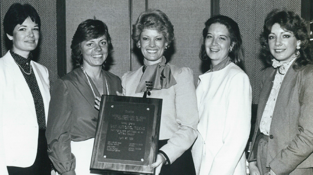 The 1983 Board of the San Antonio Chapter of National Association of Women in Commercial Real Estate receiving a plaque after being granted full rights and privileges as an affiliate chapter on April 27, 1983.