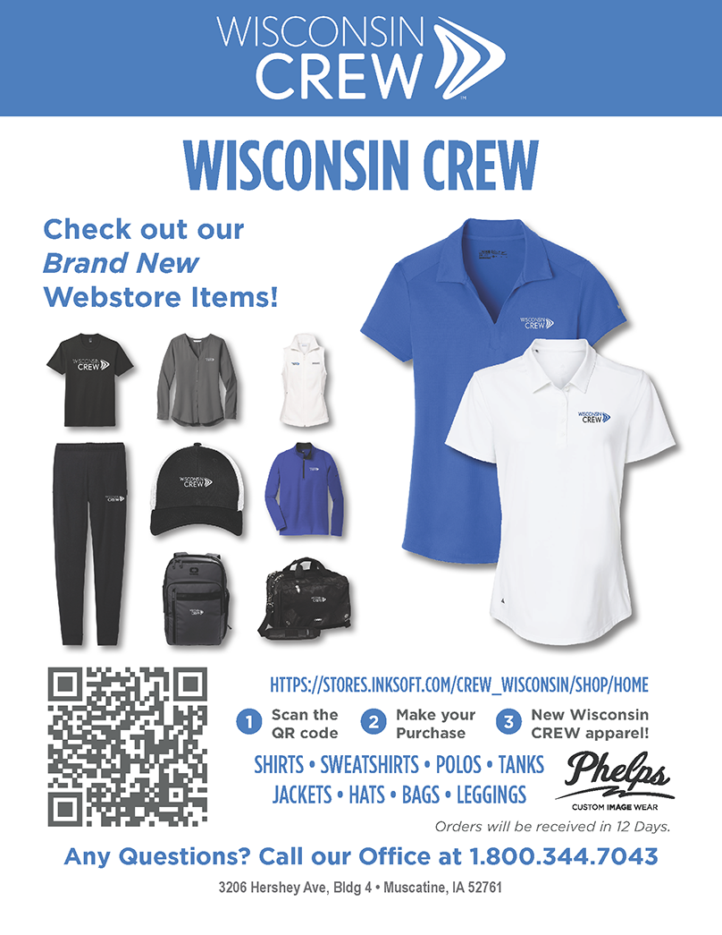 A flyer with apparel on it that has the Wisconsin CREW logo on it