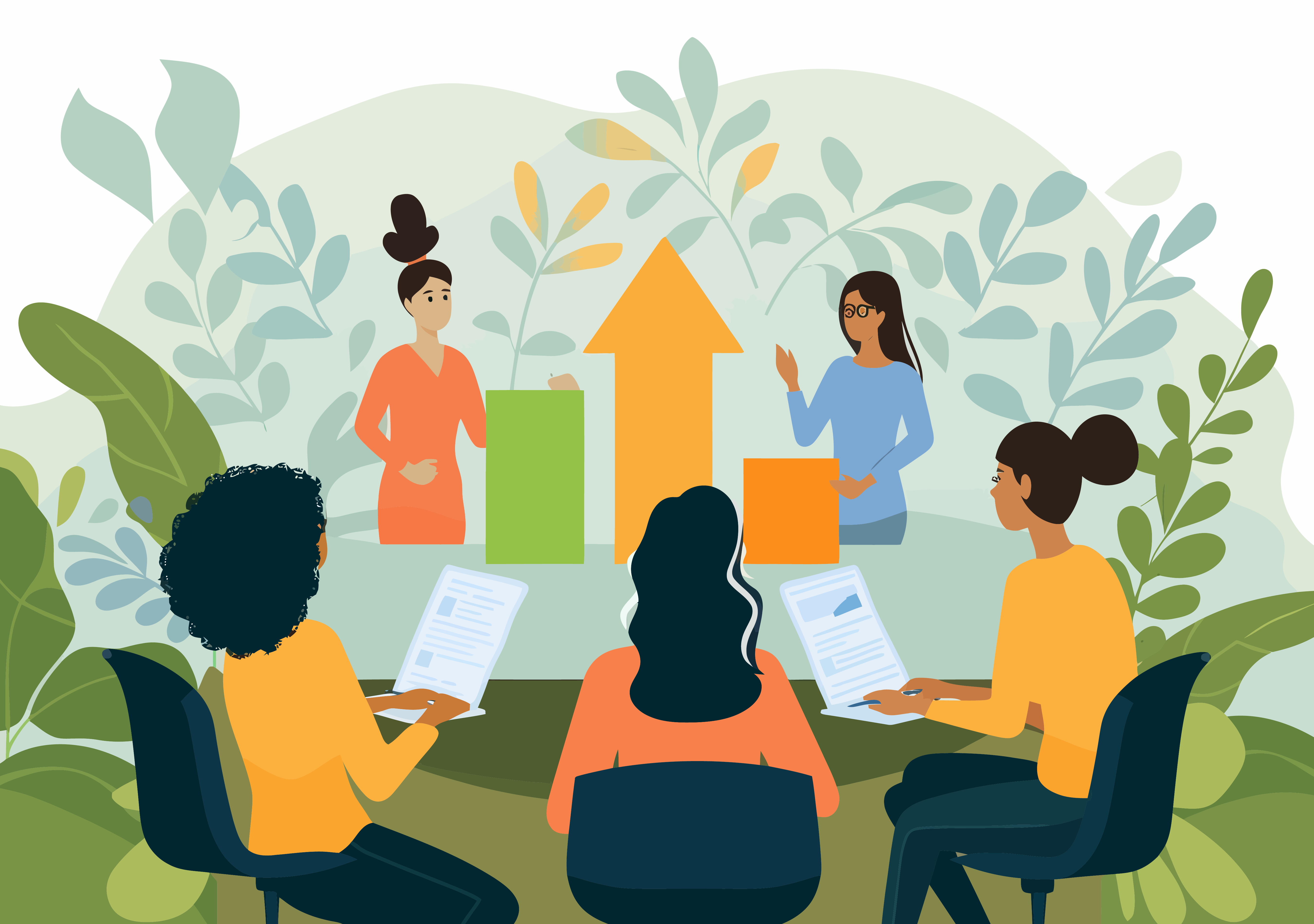 Illustration of five diverse women in a business meeting.